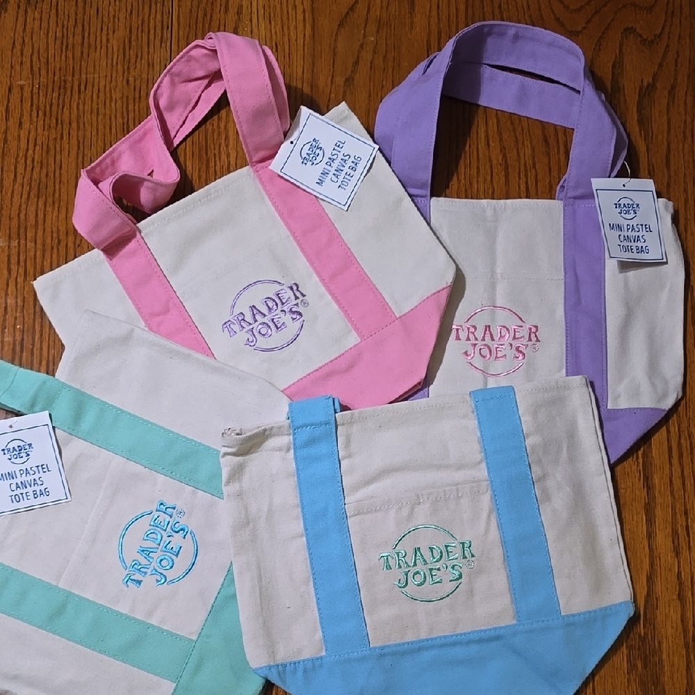Complete Set Of 4 Trader Joe's Mini Pastel Canvas Tote Bags